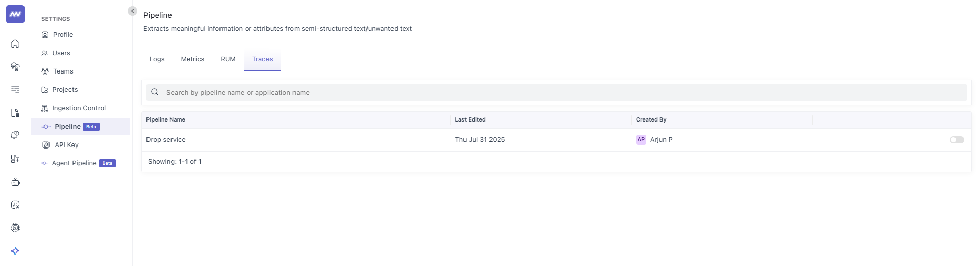 Tracing pipeline list view in Middleware APM with existing pipelines